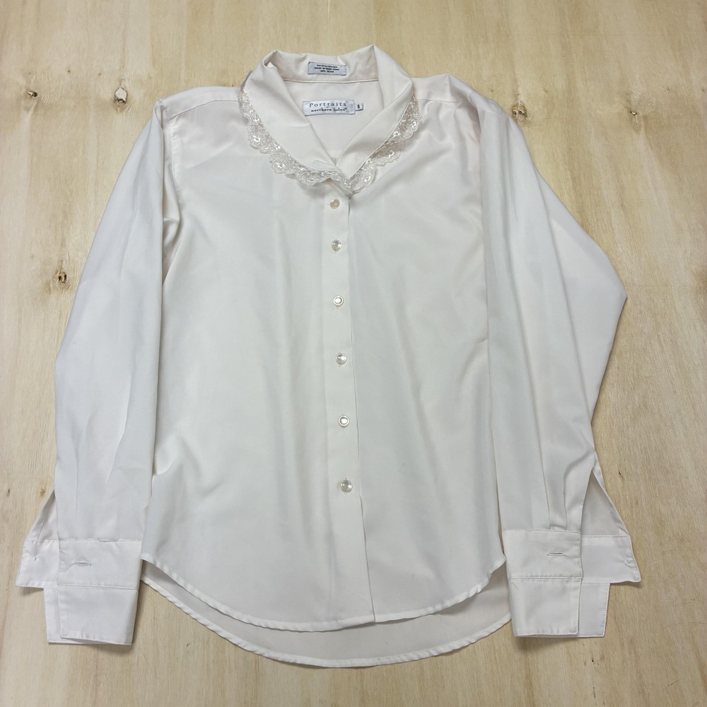 Vintage Portraits By Northern Isles Shirt Womens 8 White Lace Collar Long Sleeve